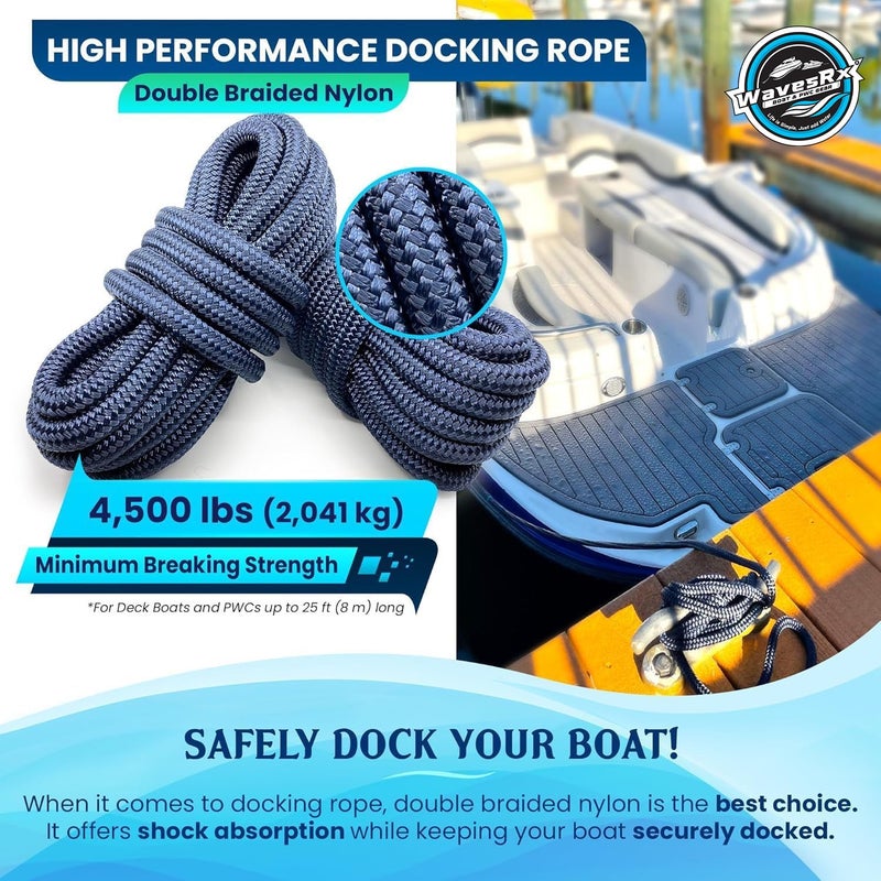 WAVESRX Premium Nylon Boat Dock Lines & Ropes for Docking & Pontoon | Double Braided Marine Rope | Boat Ropes for Docking with Loop | UV & Saltwater Resistant Dock Rope (Deep Sea Blue, 3/8â€ x 15â€™) - Image 2